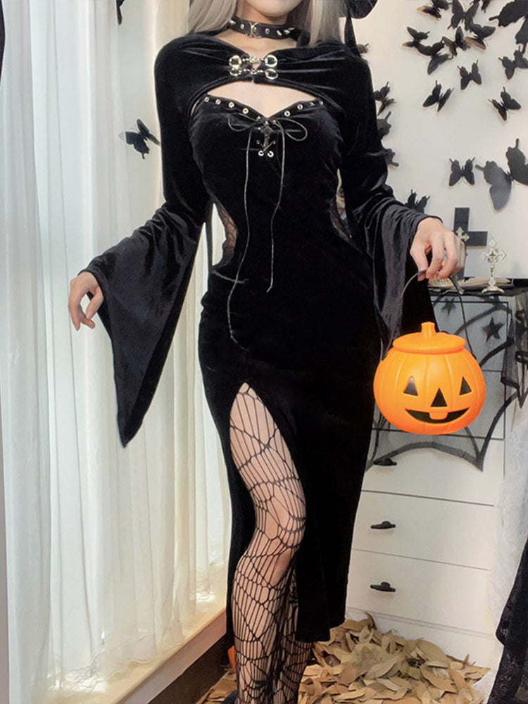 Long Dress Suit With Hat See Through Velvet Lace Cutout High Slit Long Sleeve Button Laceup Party Dress