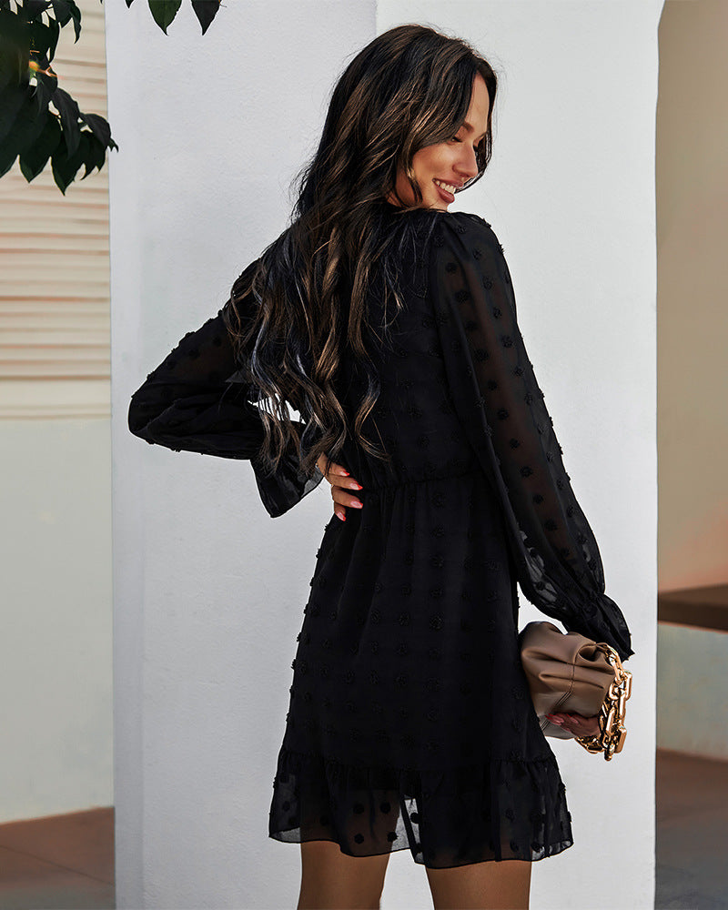 Playful Heart Puff Sleeve Babydoll Dress Black