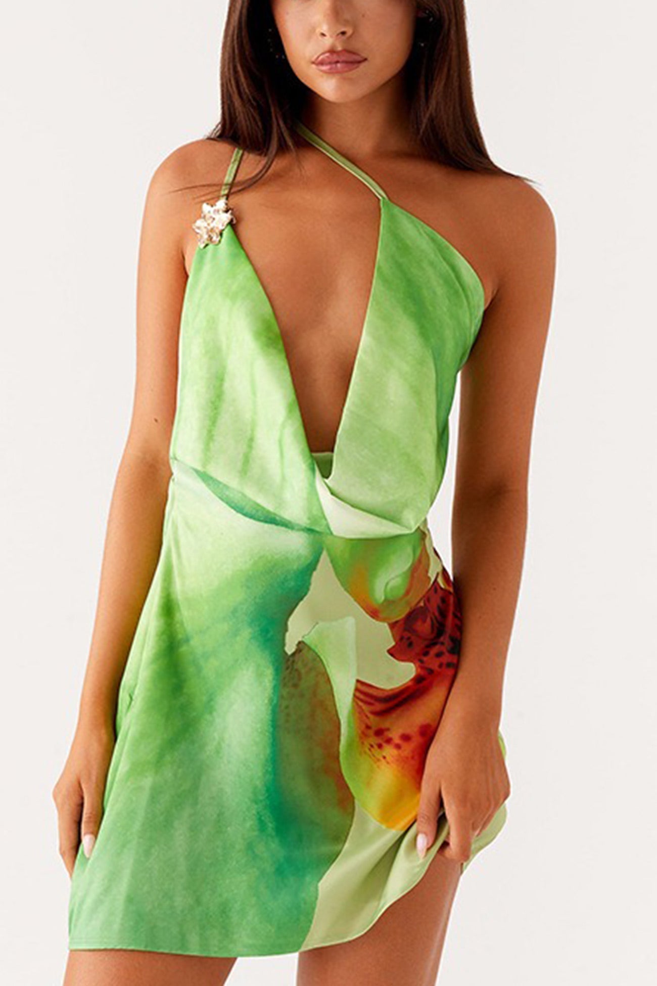 Floral Cowl Neck One shoulder Mini Dress