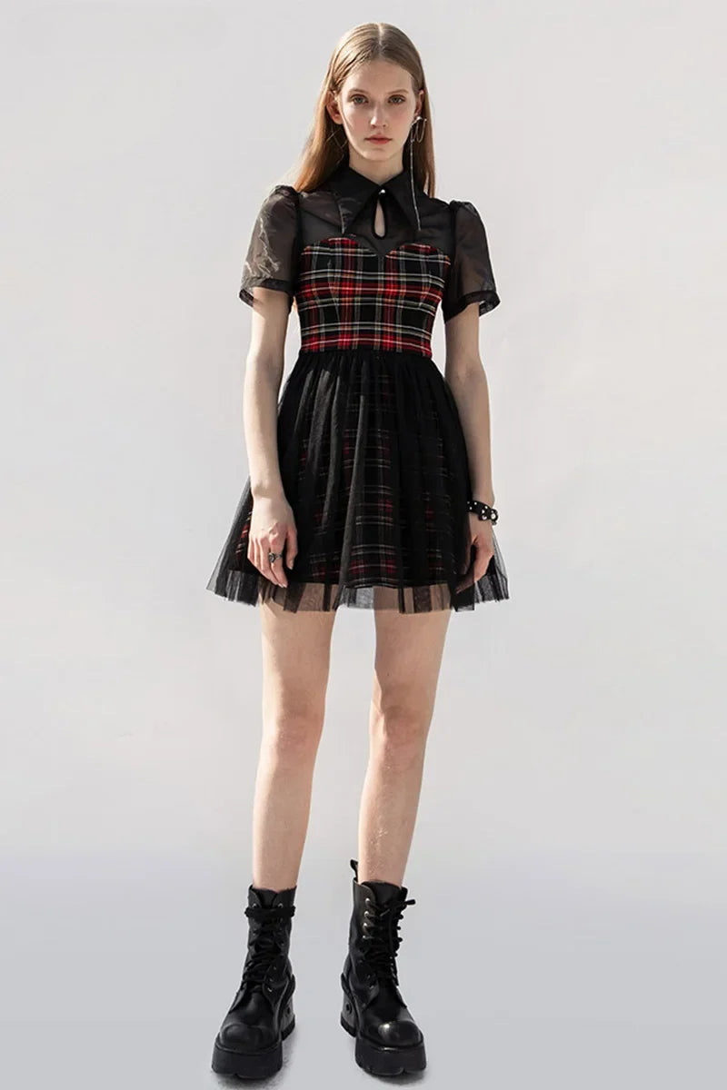 Gothic Lace Spliced Plaid Sexy A Line Short Sleeve Dress