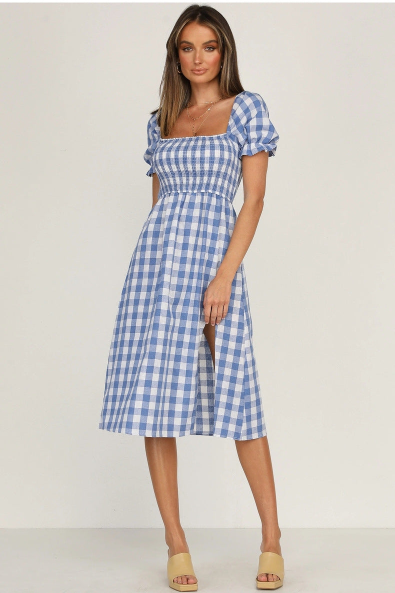 Rye Puff Sleeve Gingham Midi Dress Navy