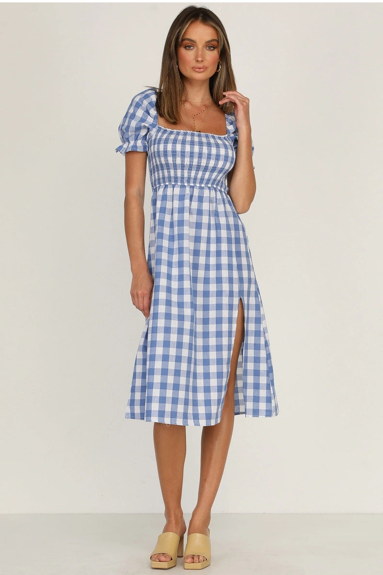 Rye Puff Sleeve Gingham Midi Dress Navy