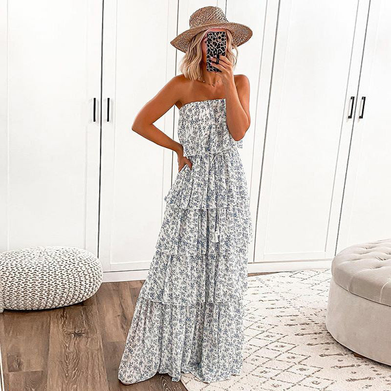 Annie Floral Strapless Tiered Midi Dress Ivory Multi