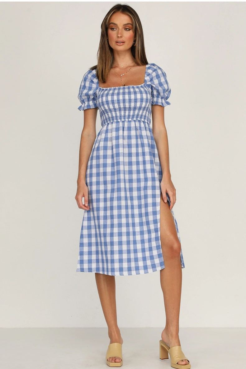 Rye Puff Sleeve Gingham Midi Dress Navy