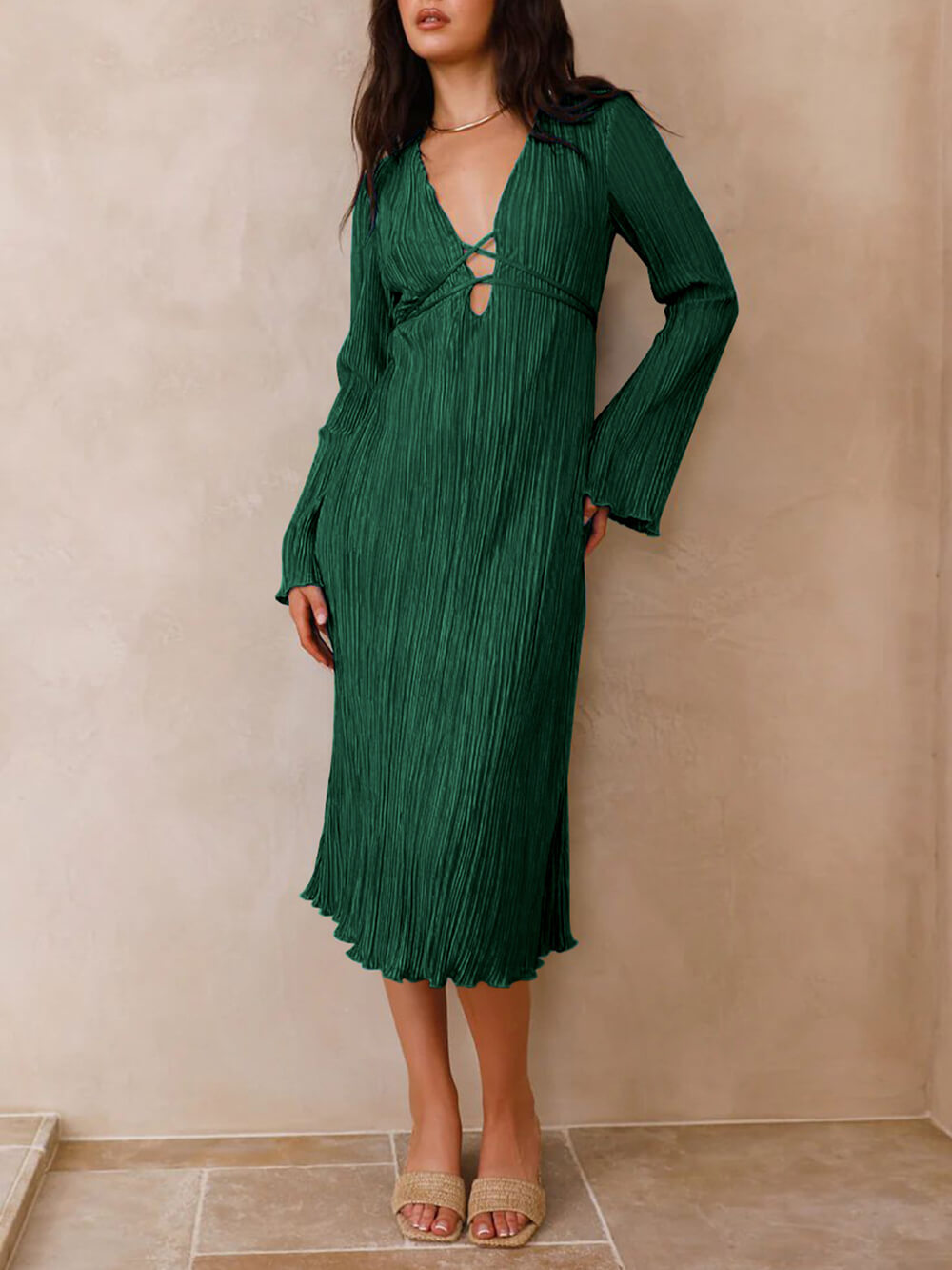 Mountain Vistas Draped Pleated Bell Sleeve Midi Dress