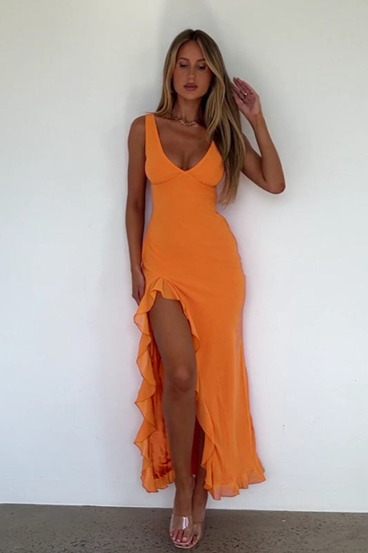 V Neck Ruffled Slit Cami Midi Dress
