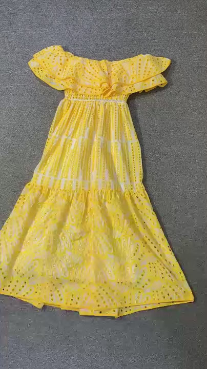 Soleia Ruffle Off Shoulder Dress EmbroideRed Boho Midi