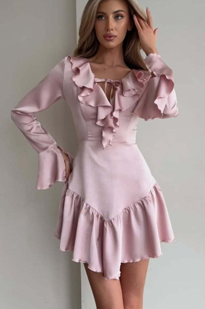 V Neck Ruffled Tie Midi Dress