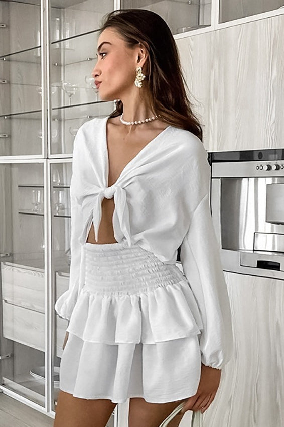 Tie Front White Long Sleeve Mini Dress