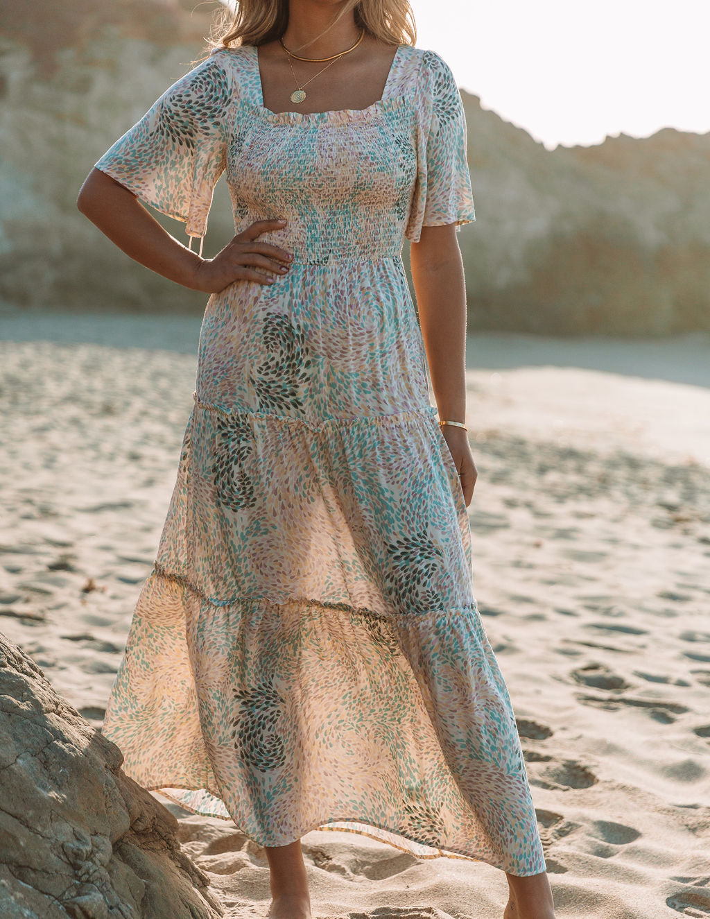 Maynard Printed Smocked Maxi Dress Cream