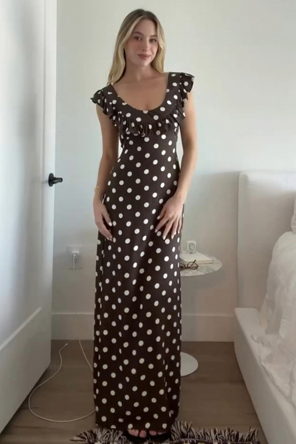 Polka Dot UNeck Ruffled Bodycon Maxi Dress
