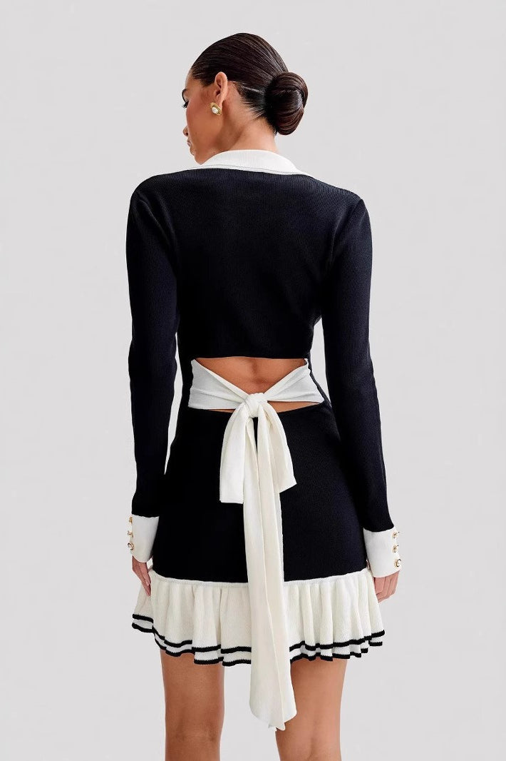 Bow Tie Ruffled Knit Pearl Midi Dress
