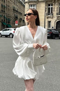 White V Neck Puff Sleeve Mini Dress