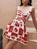 Floral Decorative Unique Print V Neck Hollow A Line Mini Dress