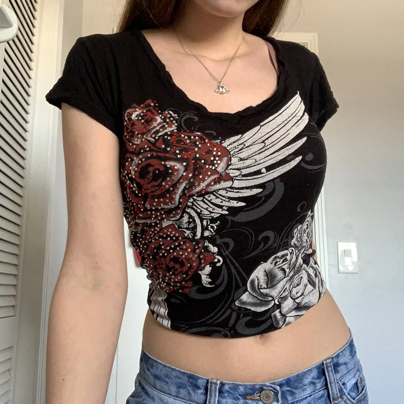 Goth Rhinestone Floral Tee