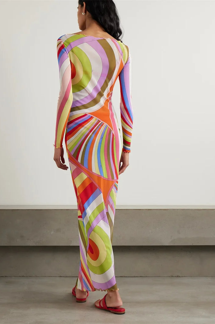 Striped Print Mesh See Through Patchwork Maxi Dress