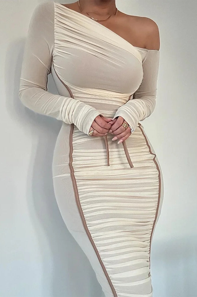 Diagonal Collar Mesh Midi Dress