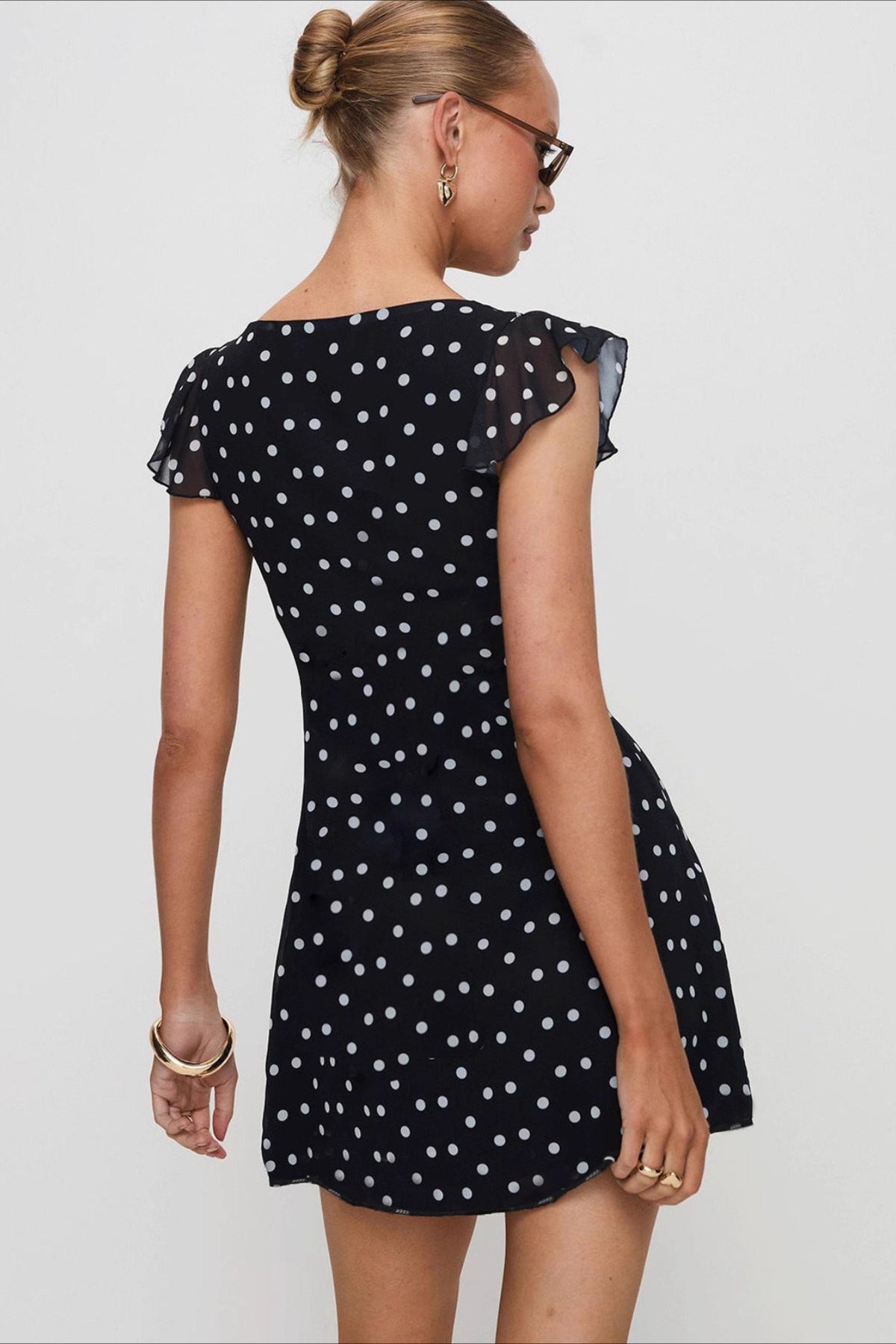 Polka Dot V Neck Flutter Mini Dress
