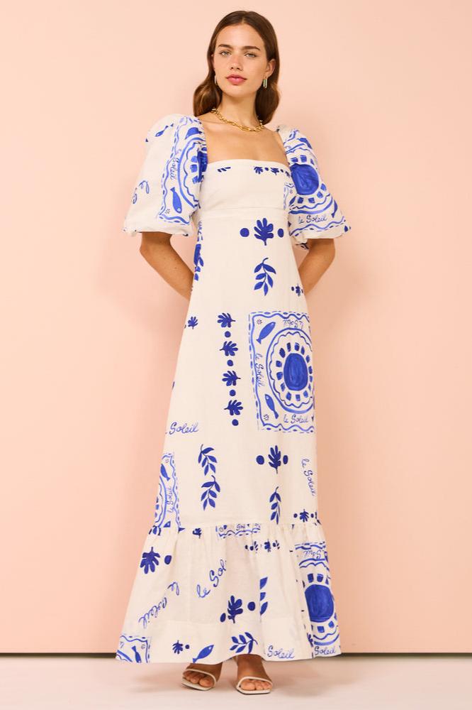 Mediterranean Puff Sleeve Midi Dress