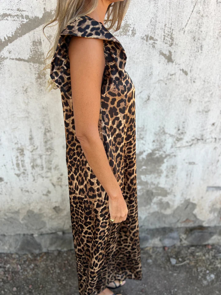 Leopard Print V Neck Jumpsuit With Front Pockets