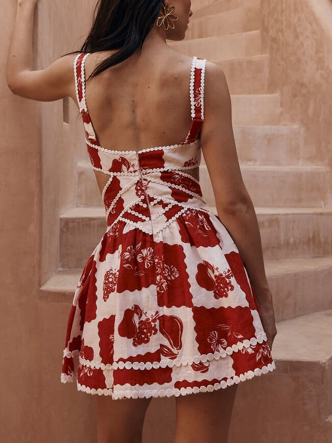 Floral Decorative Unique Print V Neck Hollow A Line Mini Dress