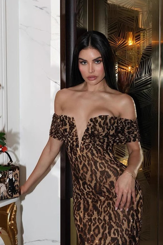 V Neck Off Shoulder Sequin Midi Dress