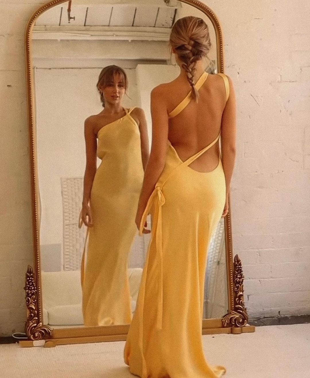 Moonlit Soiree Satin Asymmetrical One Shoulder Backless Strap Maxi Dress