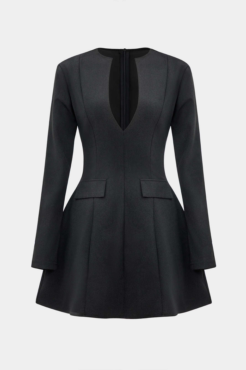 Solid V neck Fake Pockets And Zipper Mini Dress