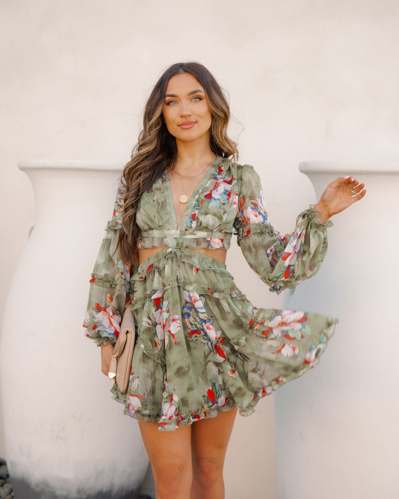 Zida Floral Ruffle Tiered Cutout Dress Olive