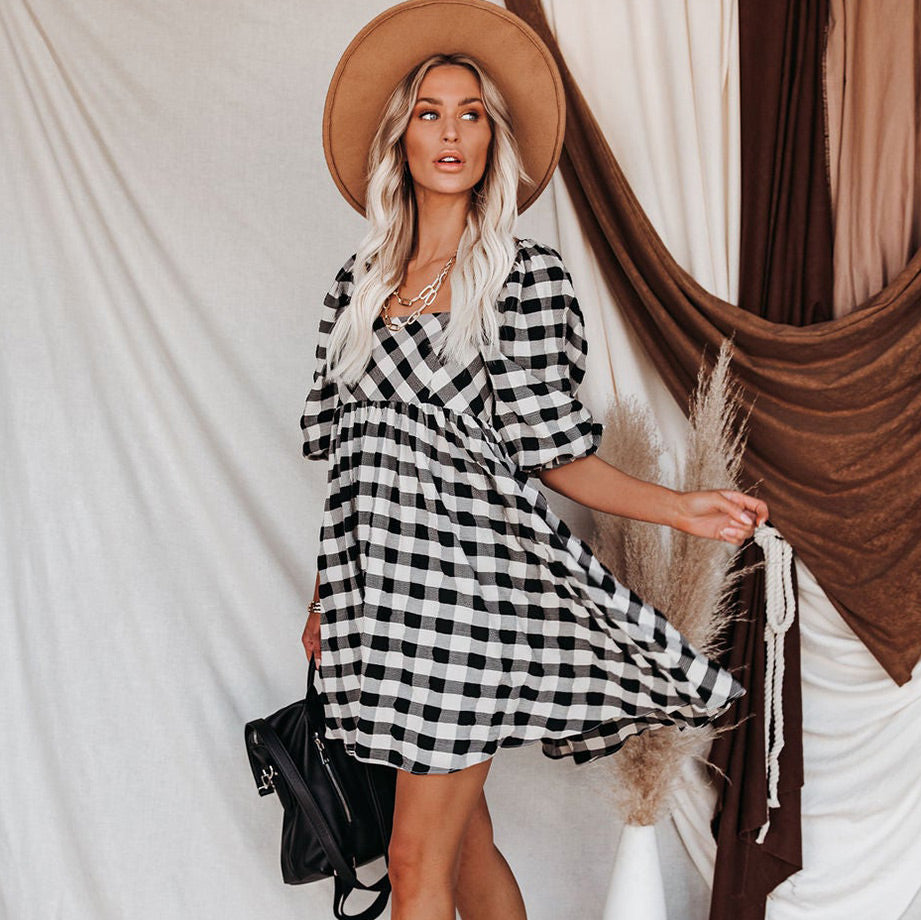 Brownstone Plaid Adjustable Balloon Sleeve Dress FINAL