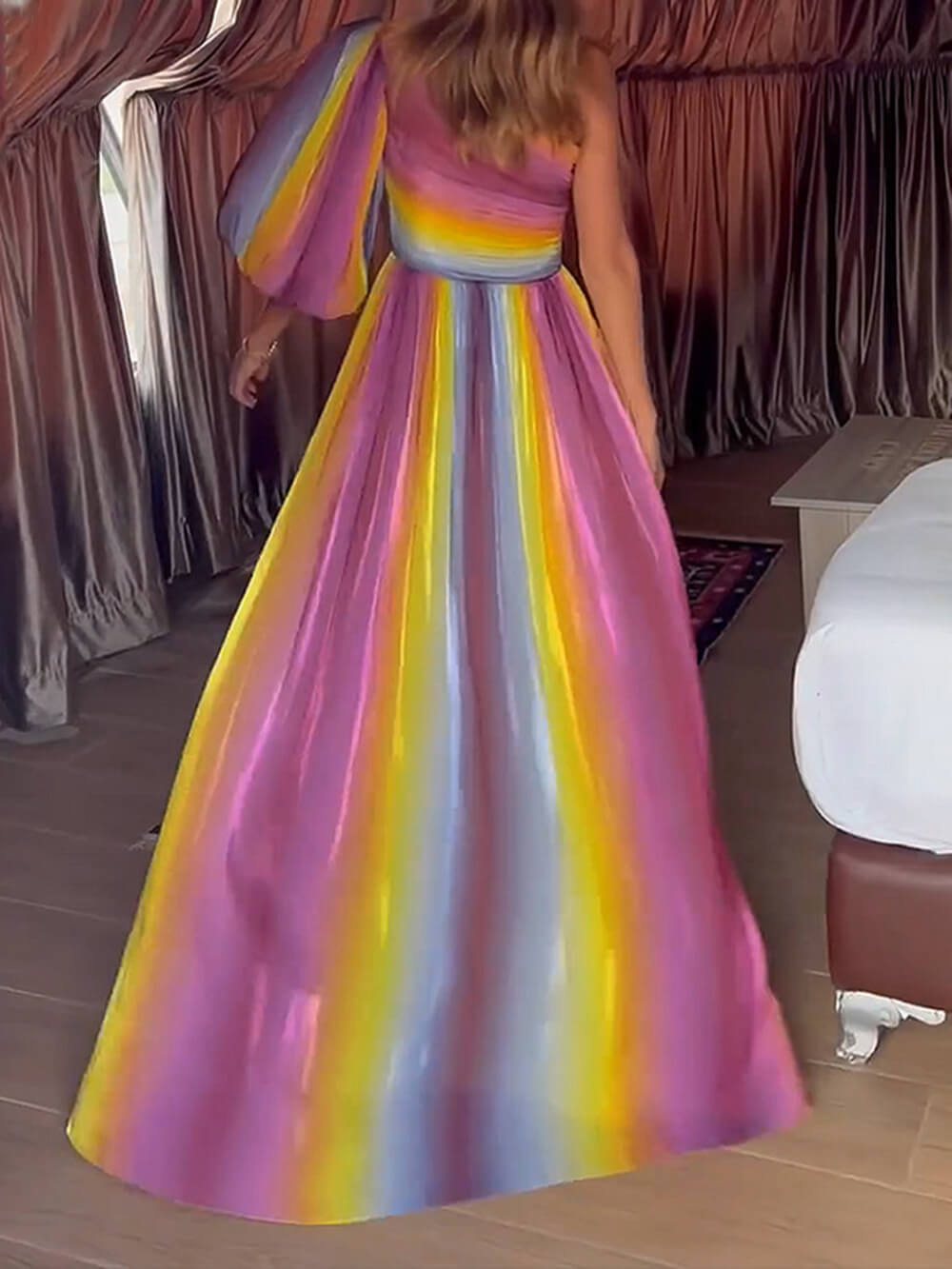 Rainbow Print Off Shoulder Maxi Dress
