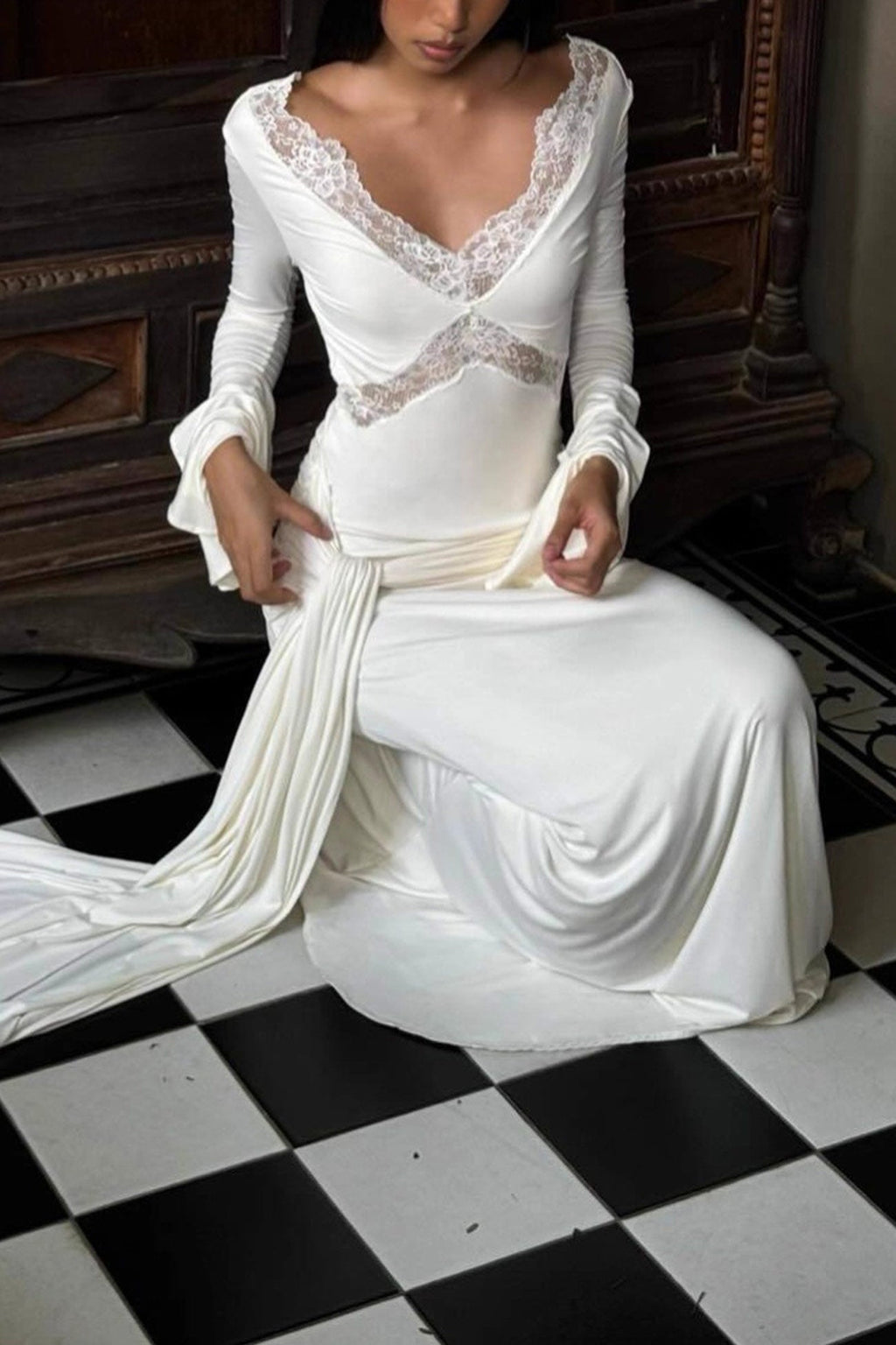 Lace Patchwork Flare Sleeve Tie up Maxi Dress