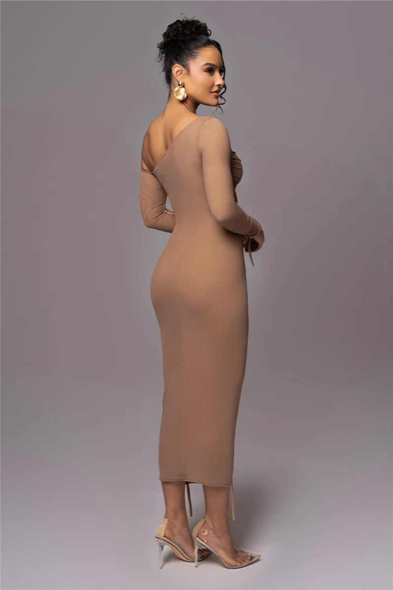 Diagonal Collar Mesh Midi Dress
