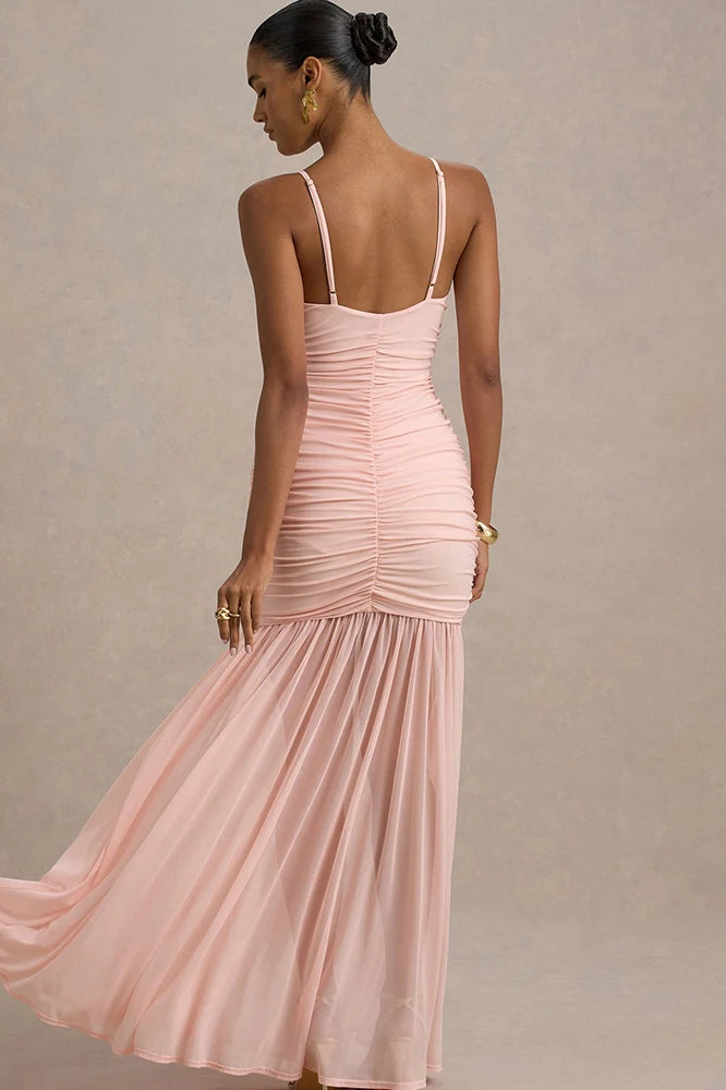 Patchwork V Neck Ruched Backless Maxi Dress
