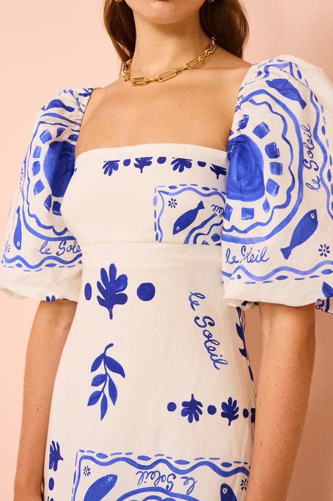 Mediterranean Puff Sleeve Midi Dress