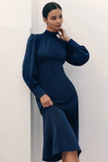 High Neck Long Sleeve A Line Midi Dress