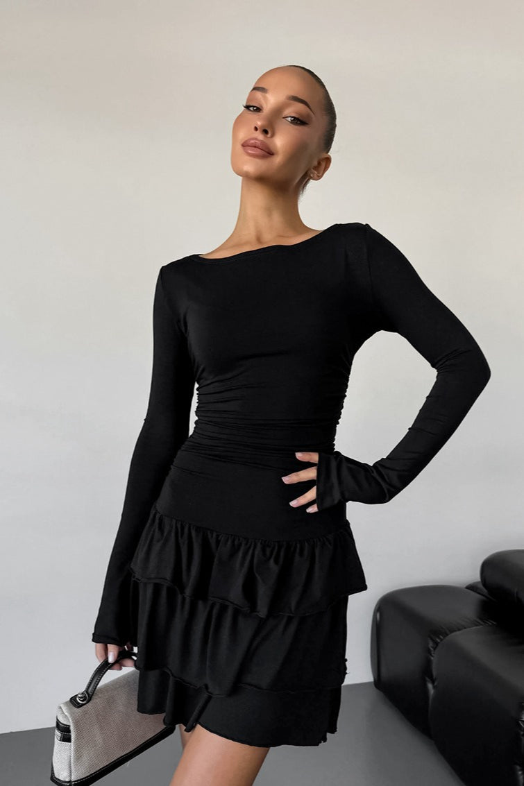Ruffle Waist Round Neck Mini Dress
