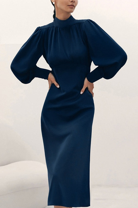 High Neck Long Sleeve A Line Midi Dress