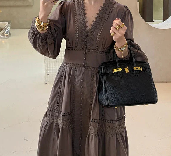 Hollow Lace Vneck Patchwork Maxi Midi Dress