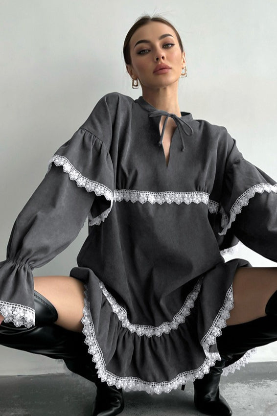 Lace Ruffle Tie V Neck Mini Dress