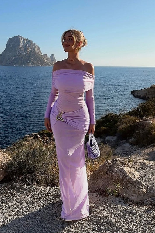 Off Shoulder Mesh Sleeve Maxi Dress