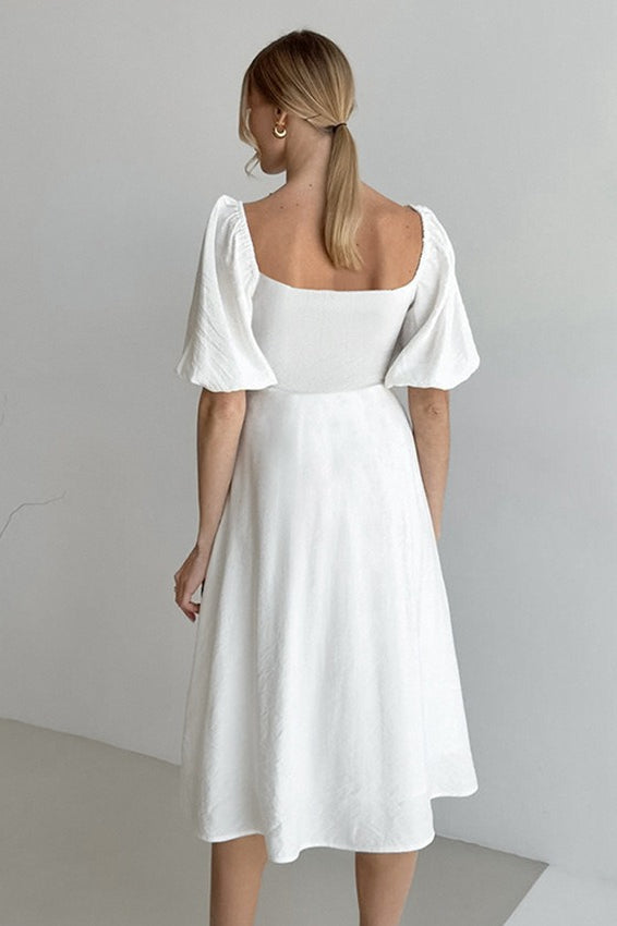 Off Shoulder Puff Sleeve Cotton Midi Dress