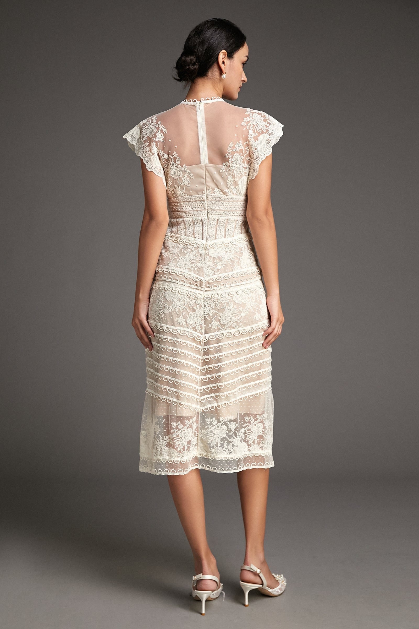 Lydia Flower Embroidered Mesh Midi Dress
