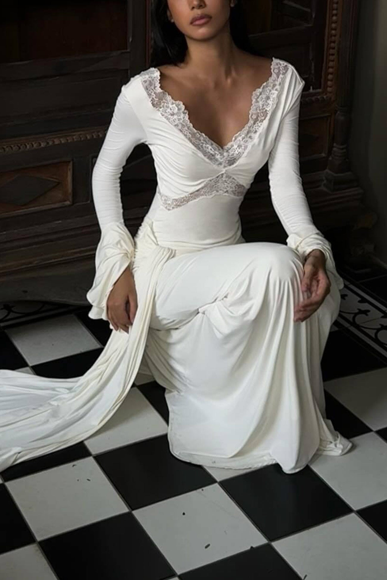 Lace Patchwork Flare Sleeve Tie up Maxi Dress