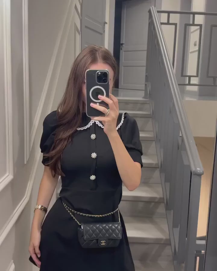 Eloise Pearl Button Puff Sleeve Mini Dress