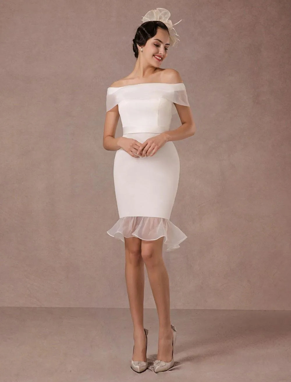Vintage Short Wedding Dress Retro Satin Short Sleeve Wedding Dress Satin Mermaid Bow Satin Court Train Sleeves White Modern Bridal Princess Gown Vestido De Novia