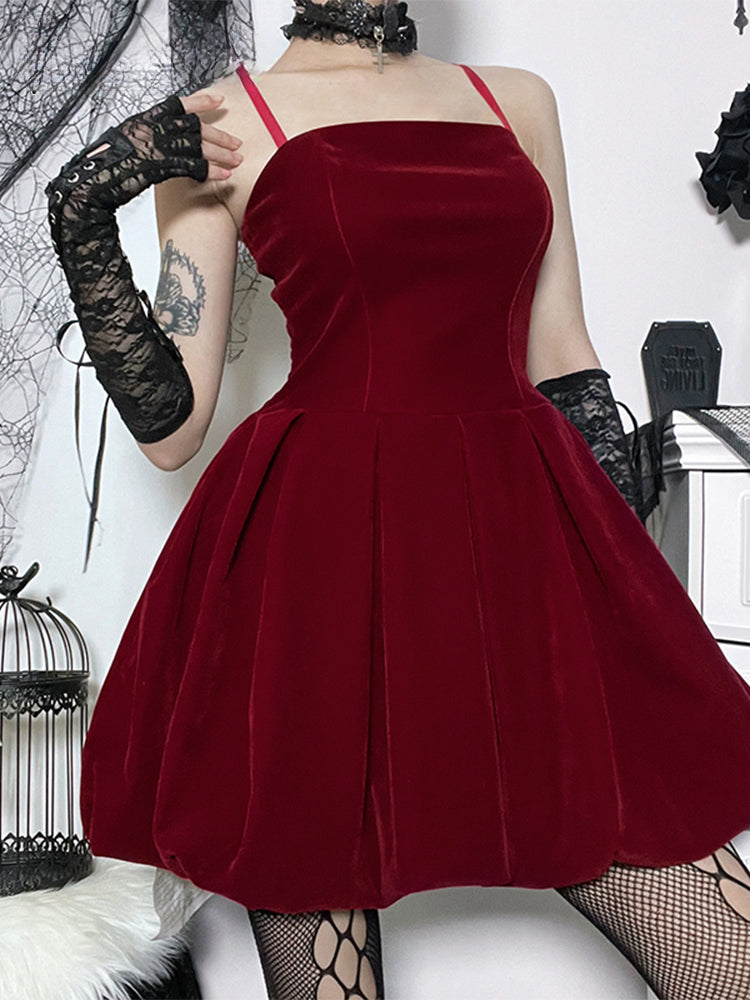 Velvet Solid Shirring High Waist Spaghetti Straps ALine Party Mini Elegant New Year Dress
