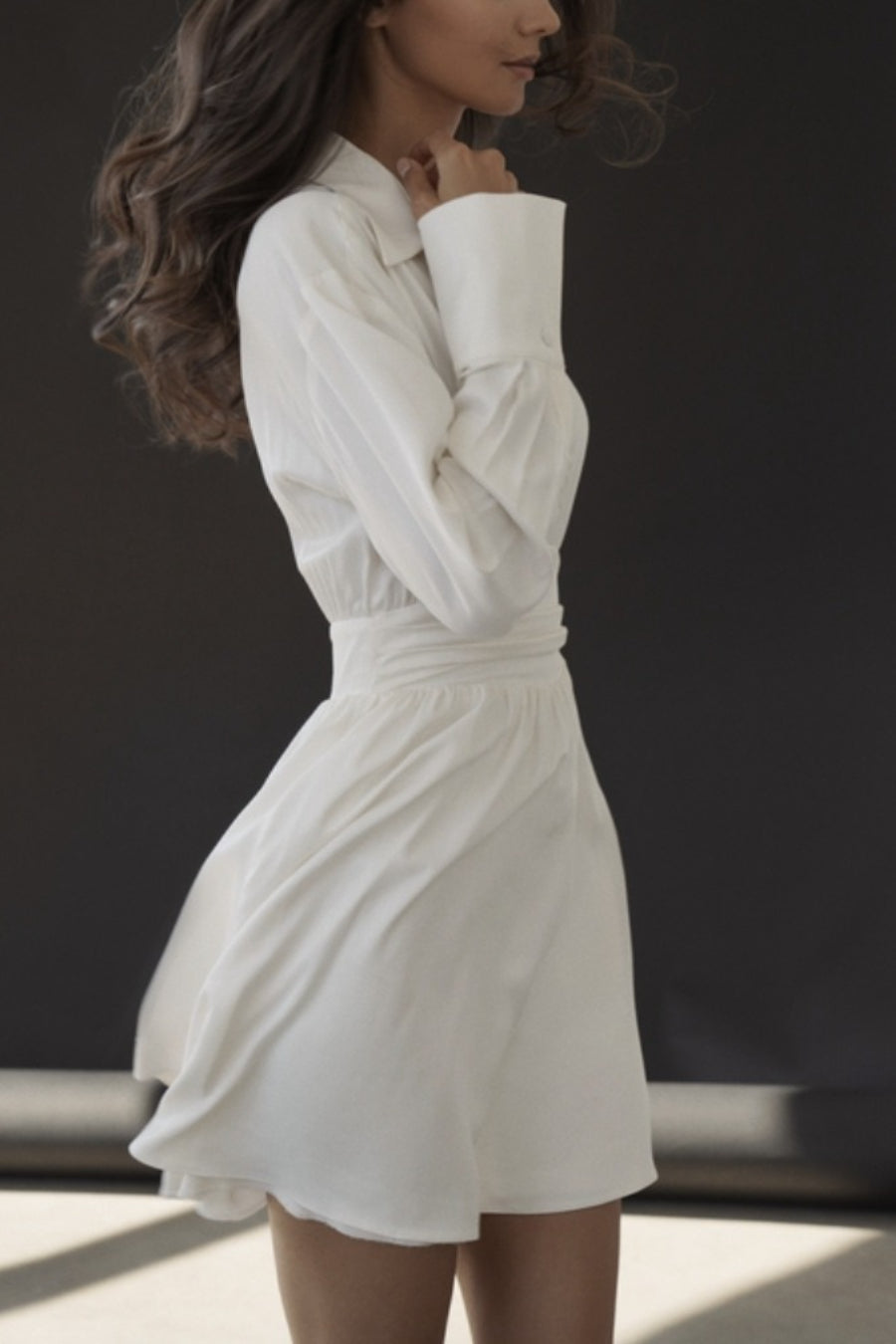 V Neck Ruched Long Sleeve Midi Dress