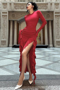 Ruffle Split Long Sleeve Maxi Dress
