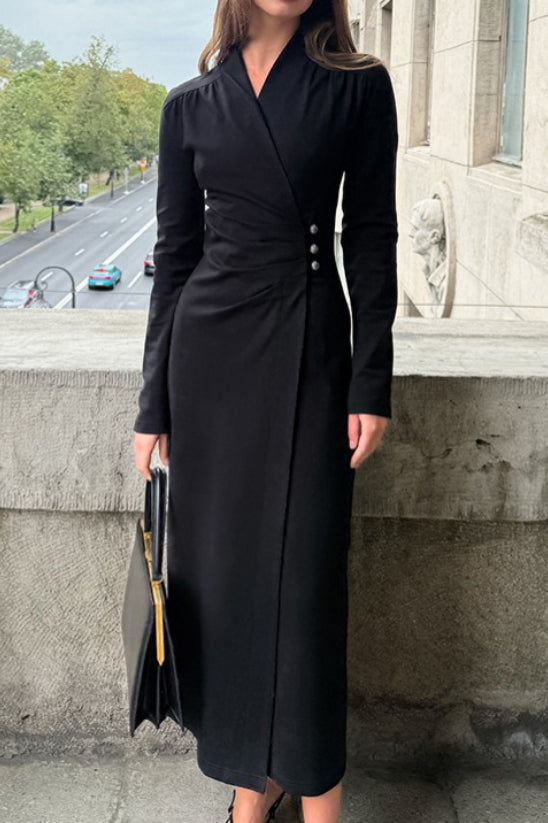 Pleated V Neck Long Sleeve Maxi Dress